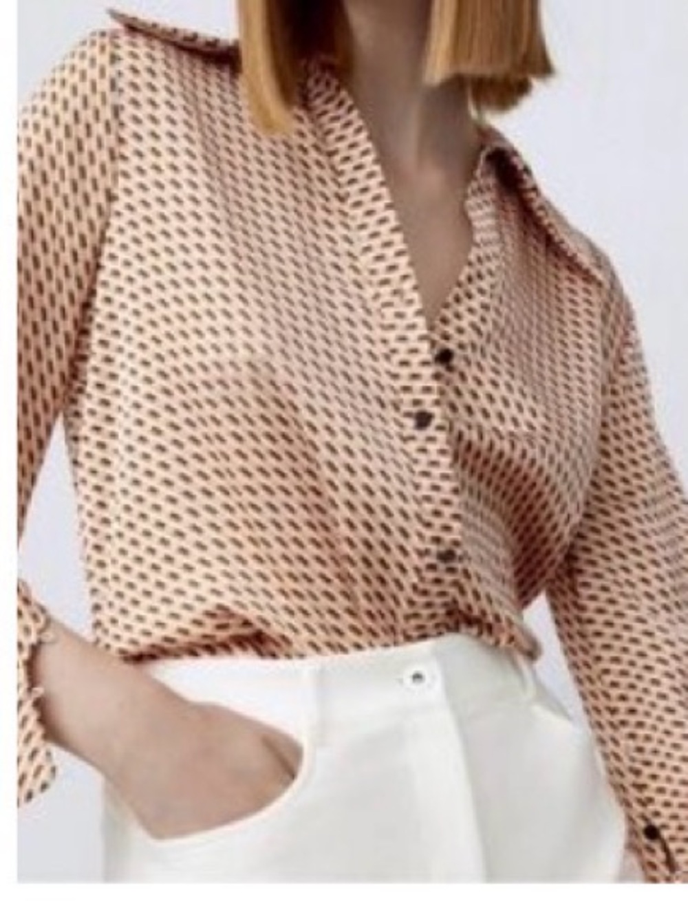 Zara Cream and Brown Geometric Button-Up Blouse - Picture 5 of 5